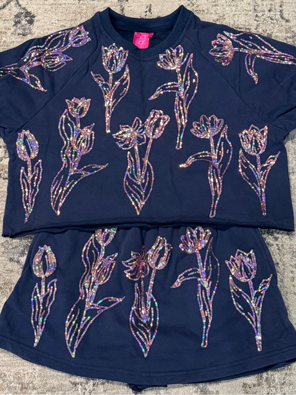 QUEEN OF SPARKLES x Denash Navy Two-Piece Set with Iridescent Sequin Tulips